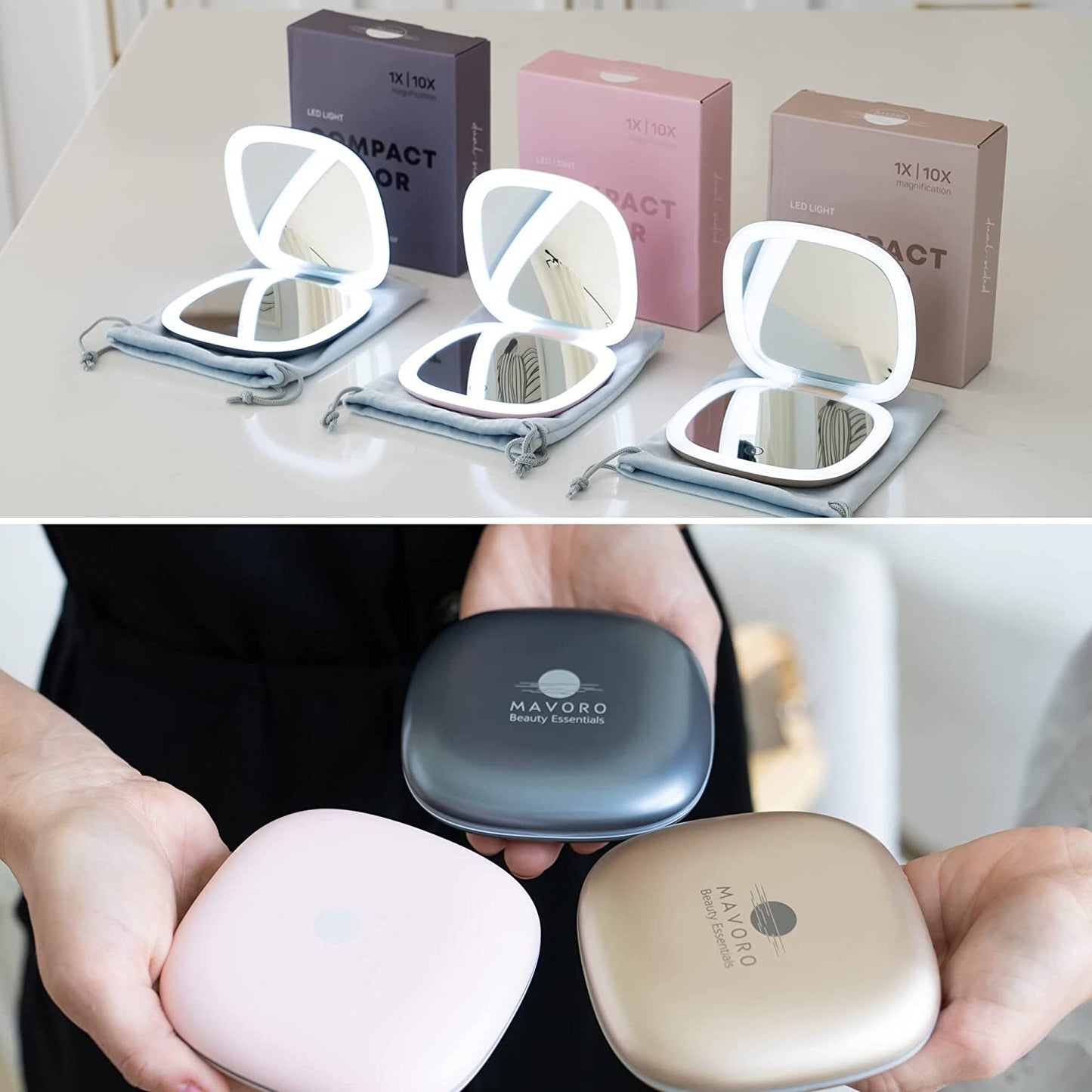 LED Lighted Travel Makeup Mirror | 1X/10X Magnification | Rechargeable USB-C | Pocket & Purse Portable Lighted Travel Makeup Compact Mirror, Touch Sensor (Heavenly Pink)